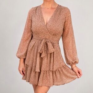 Japna Brown Leopard Print Mini Dress Ruffle Tiered Boho Tie Waist Long Sleeve S